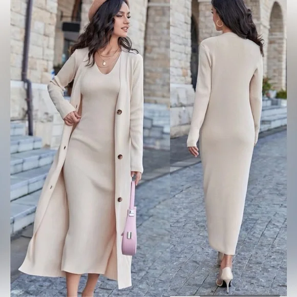 New Cream White 2 Piece Set Knit Midi Pencil Dress Long Cardigan Button Through